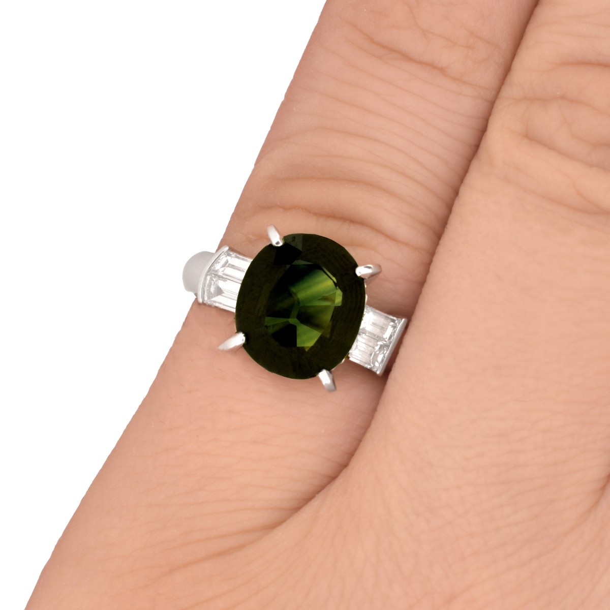 Green Sapphire, Diamond and Platinum Ring