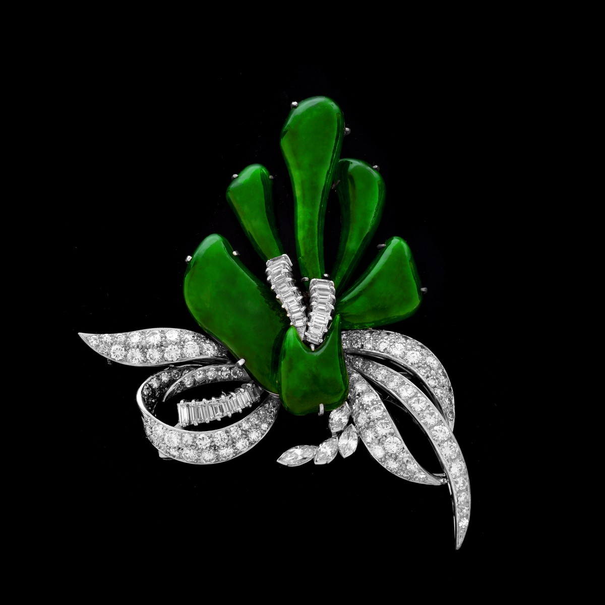 Important Imperial Jade, Diamond, Platinum Brooch