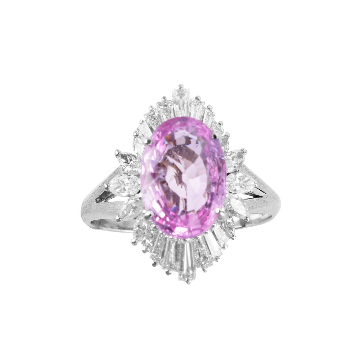 Pink Sapphire, Diamond and Platinum Ring.