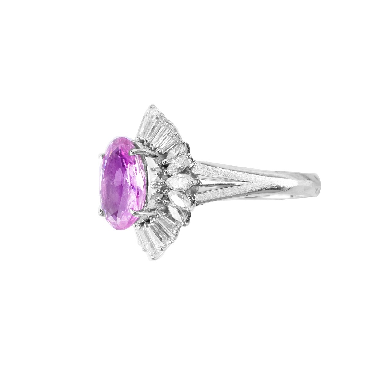 Pink Sapphire, Diamond and Platinum Ring.