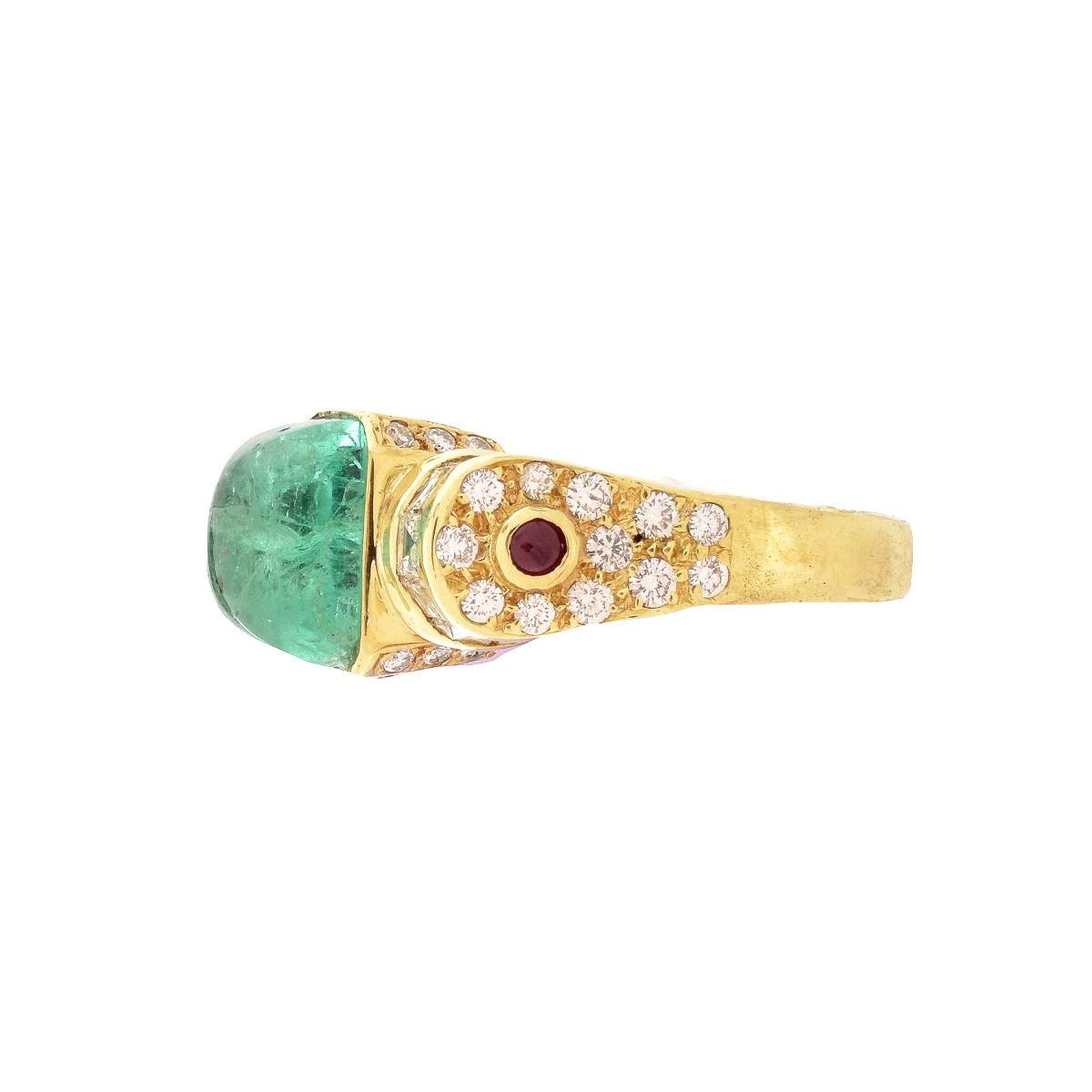 Sugarloaf Emerald, Diamond, Ruby and 18K Ring