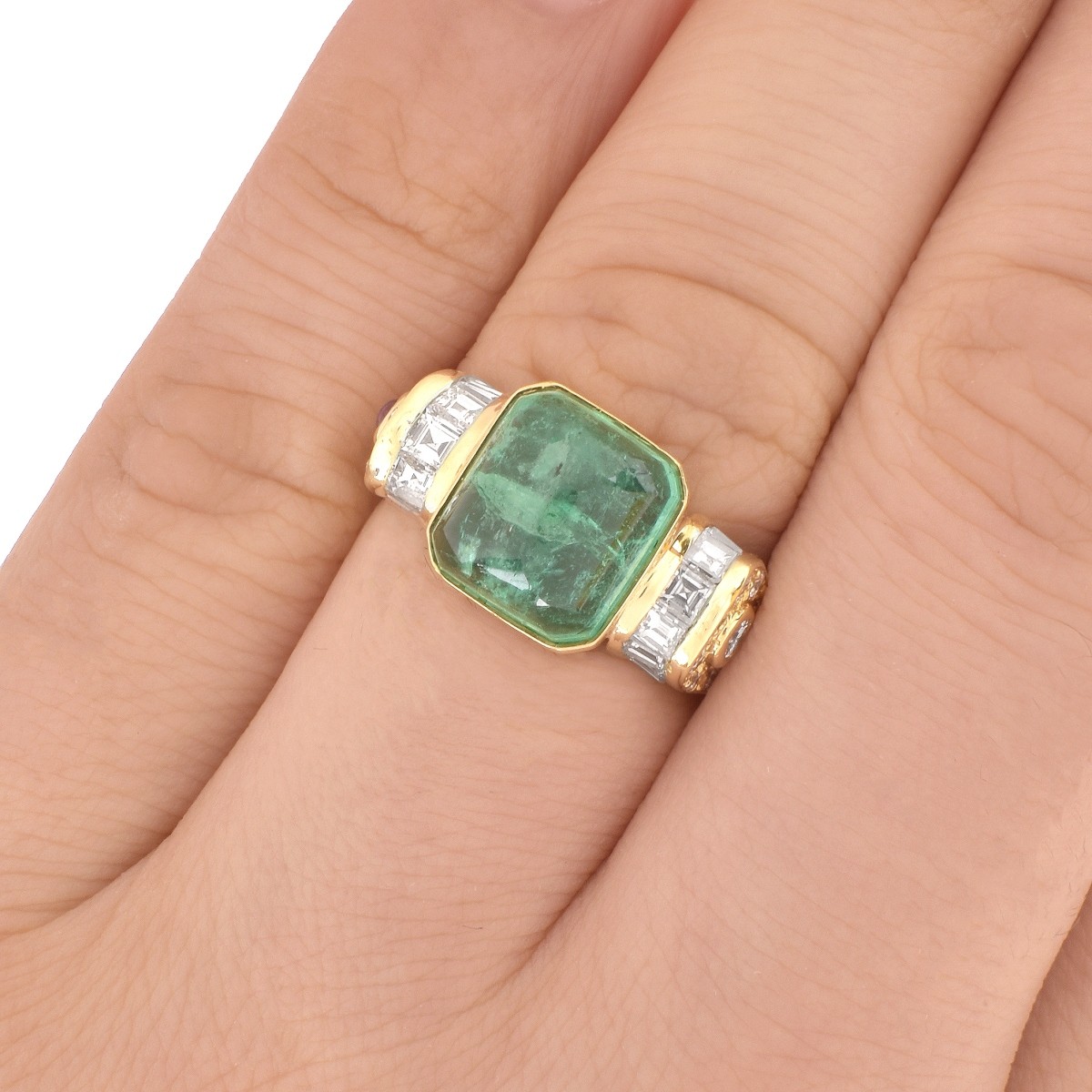 Sugarloaf Emerald, Diamond, Ruby and 18K Ring