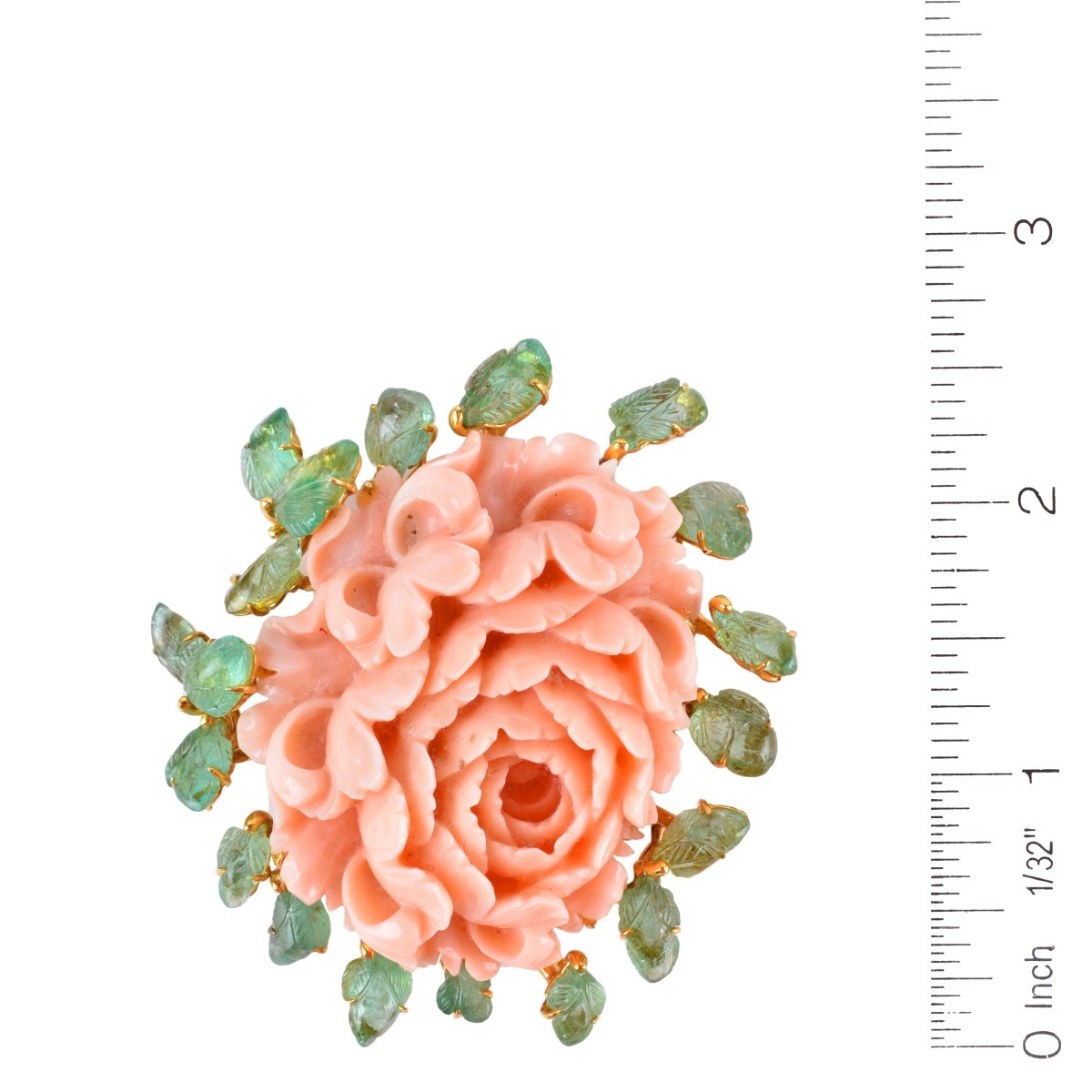 Large Coral, Emerald and 14K Brooch