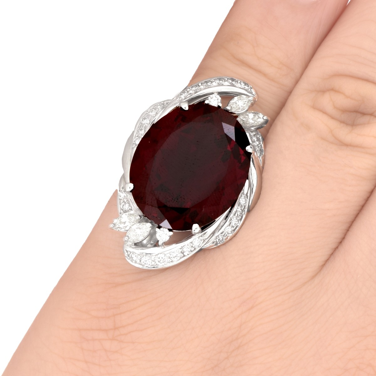 Garnet, Diamond and Platinum Ring