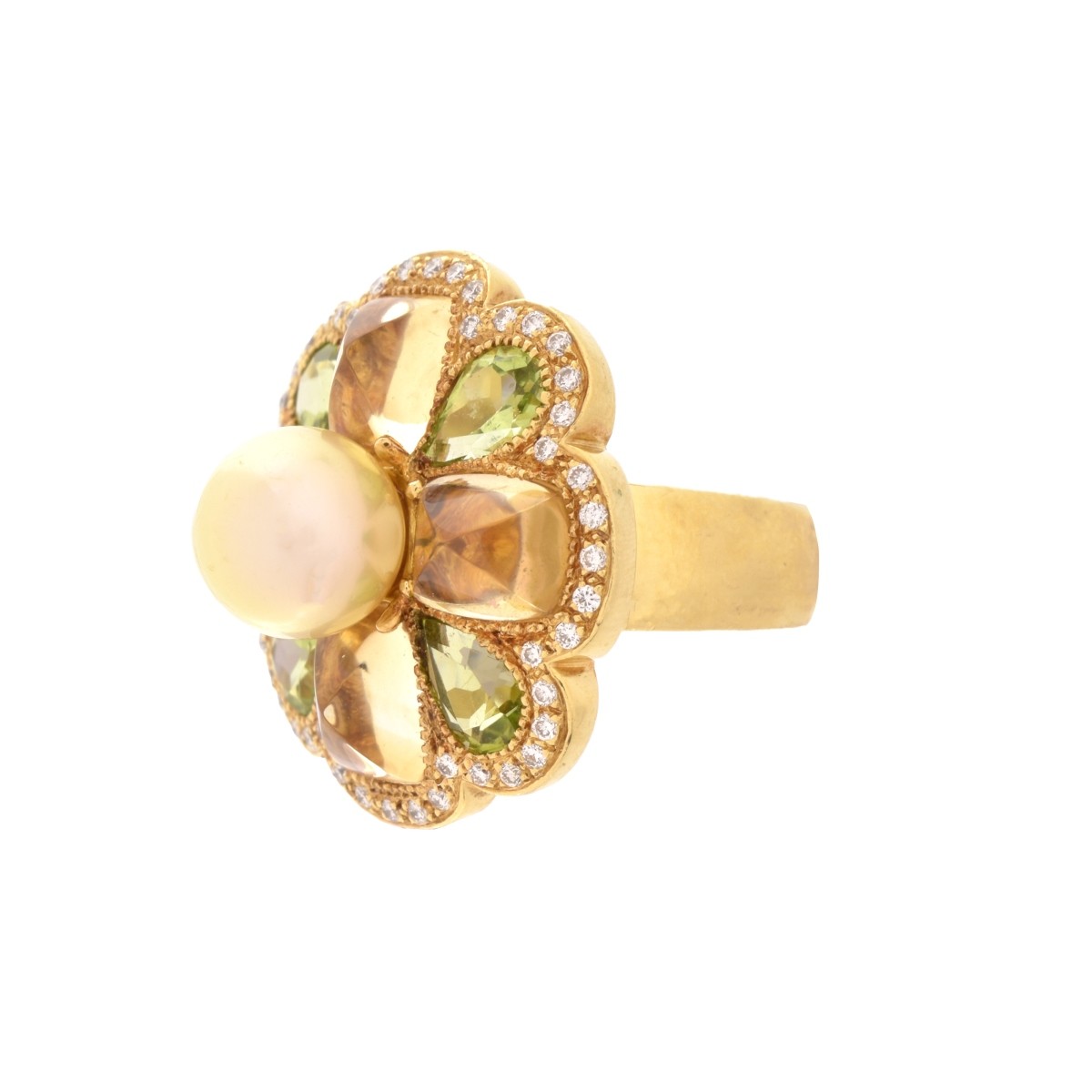 Pearl and Multi Gemstone18K Flower Ring