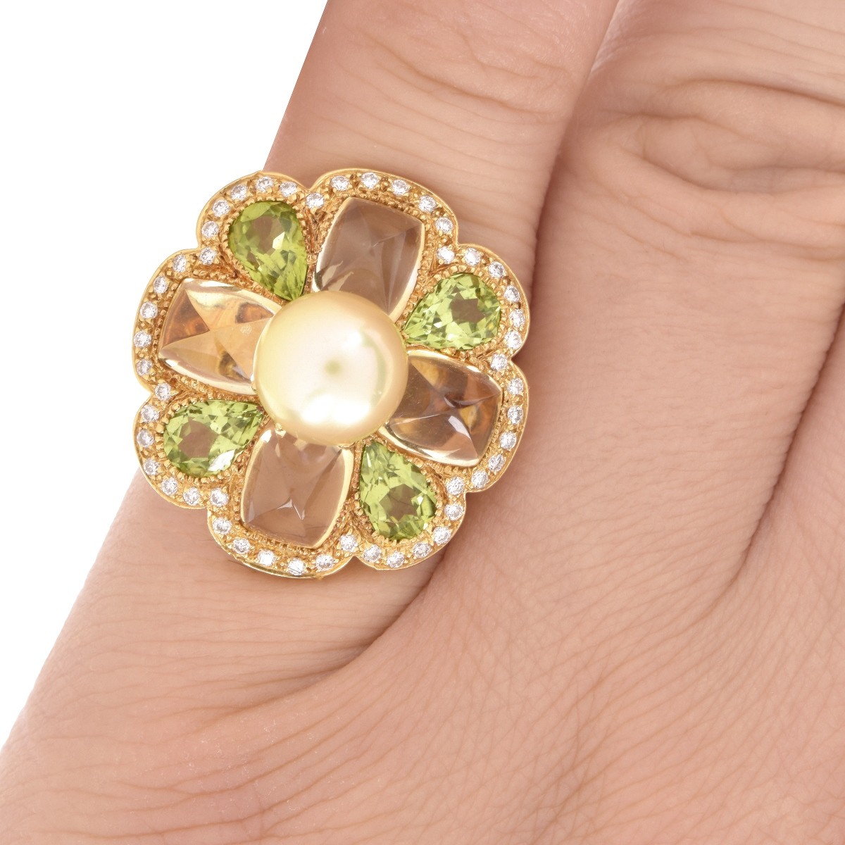 Pearl and Multi Gemstone18K Flower Ring
