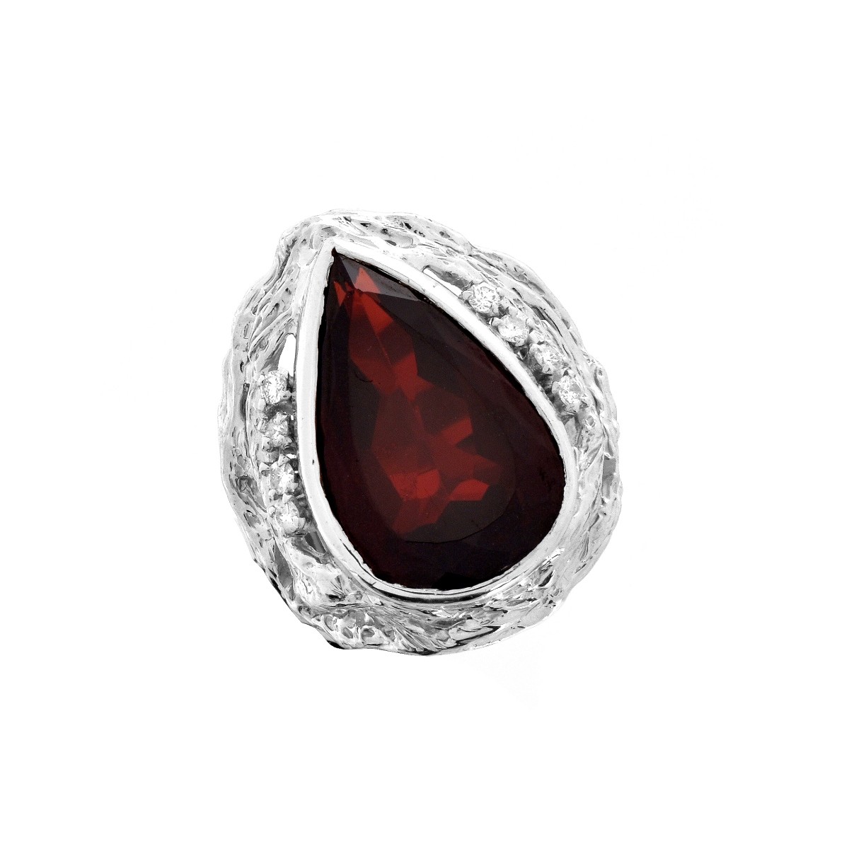 Large Pear Garnet and Diamond, Platinum Ring