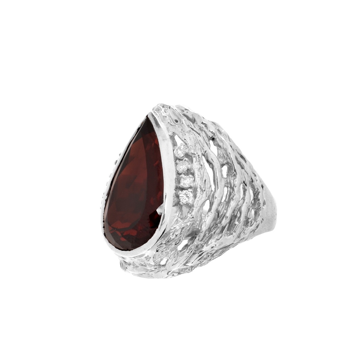 Large Pear Garnet and Diamond, Platinum Ring