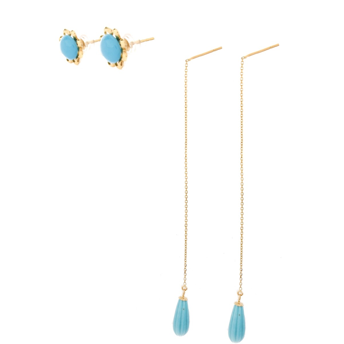 Two Pair Turquoise 18K Gold Earrings