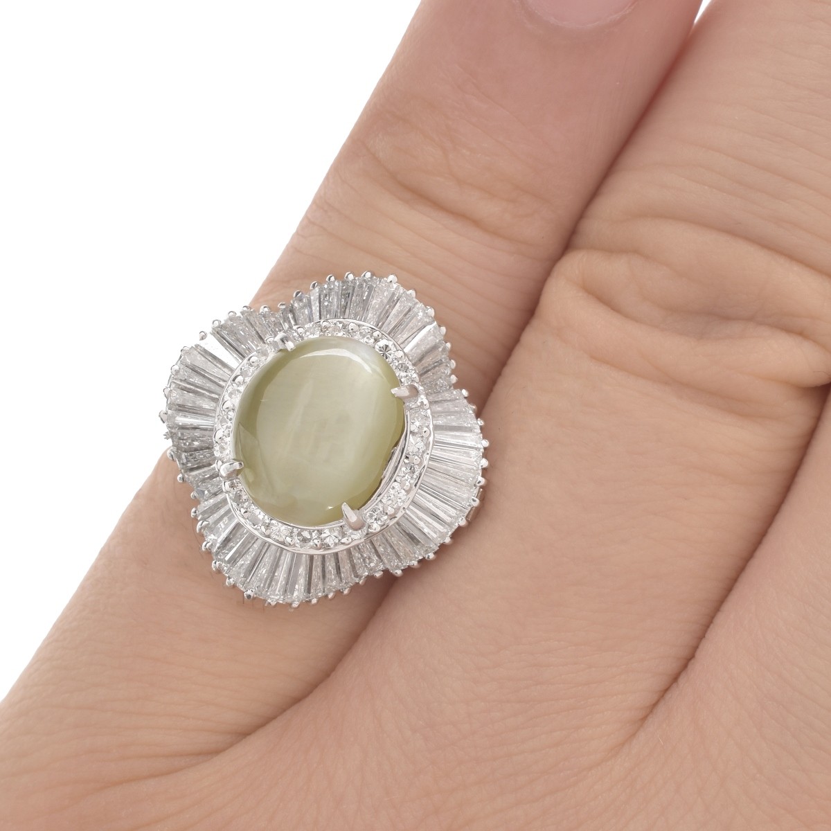 Chrysoprase Cat's Eye, Diamond and Platinum Ring