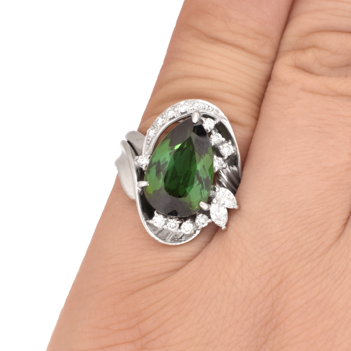 Green Tourmaline, Diamond and Platinum Ring