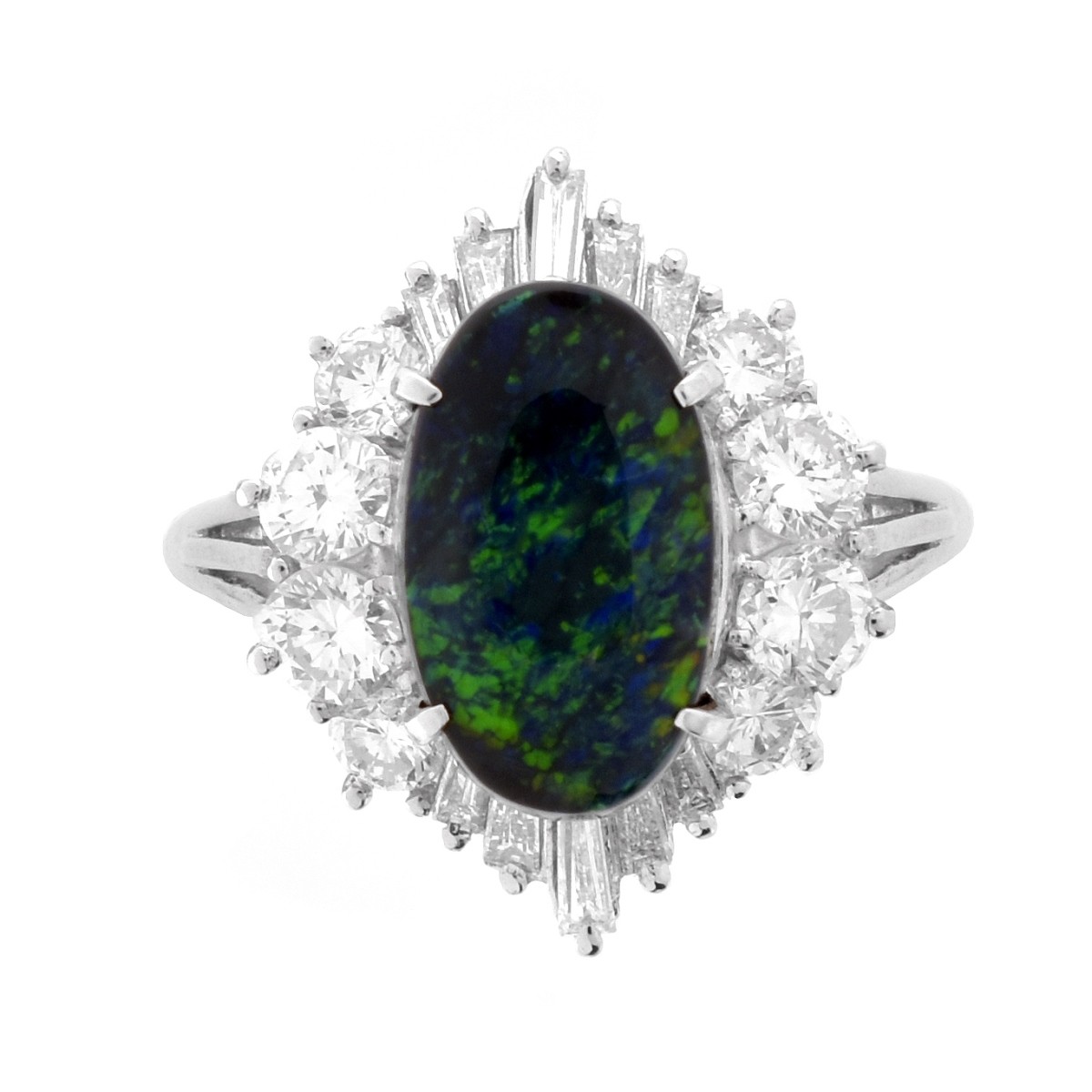 Black Opal, Diamond and Platinum Ring