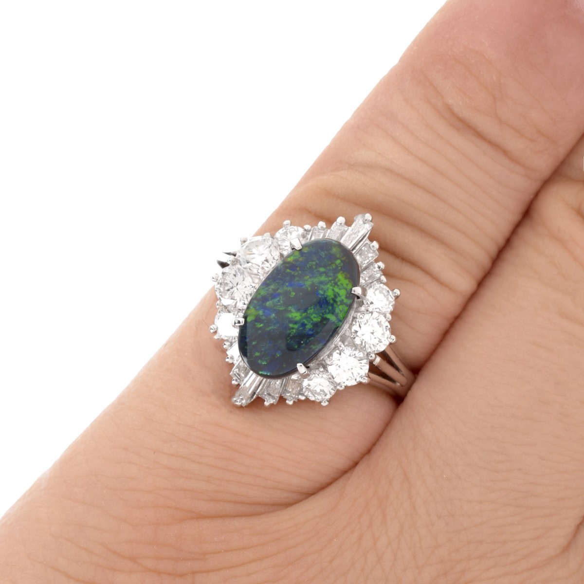 Black Opal, Diamond and Platinum Ring