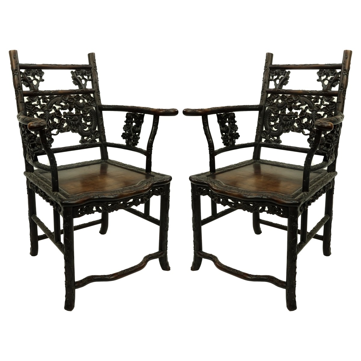 Pair of 19th C. Chinese Carved Wood Throne Chairs