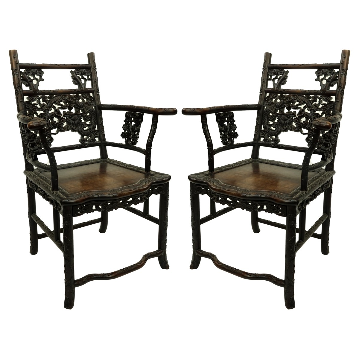 Pair of 19th C. Chinese Carved Wood Throne Chairs