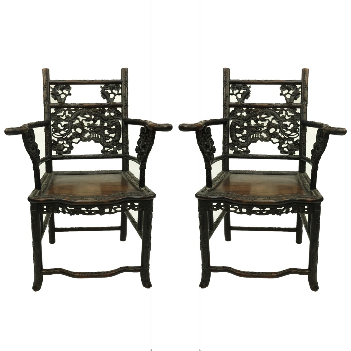 Pair of 19th C. Chinese Carved Wood Throne Chairs