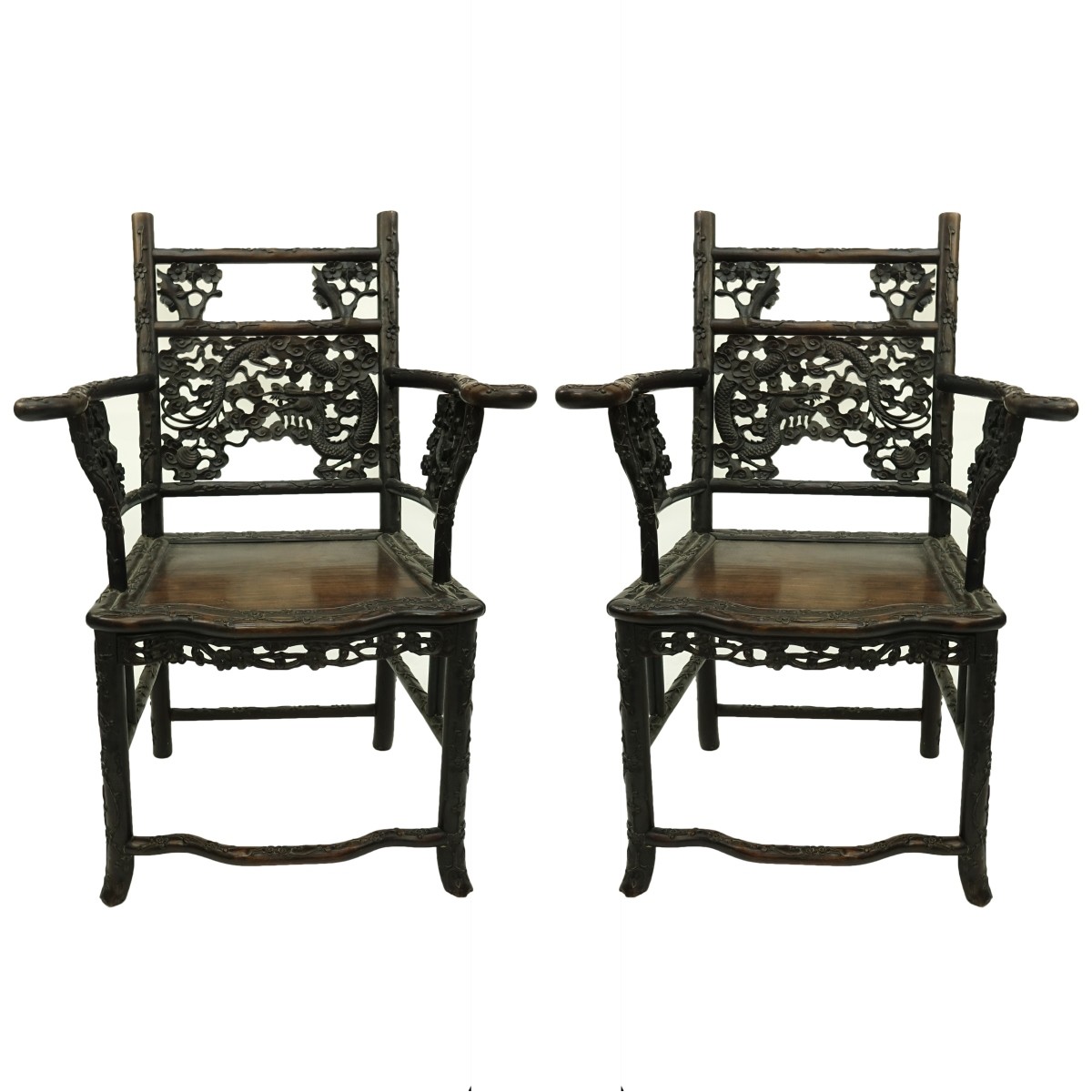 Pair of 19th C. Chinese Carved Wood Throne Chairs