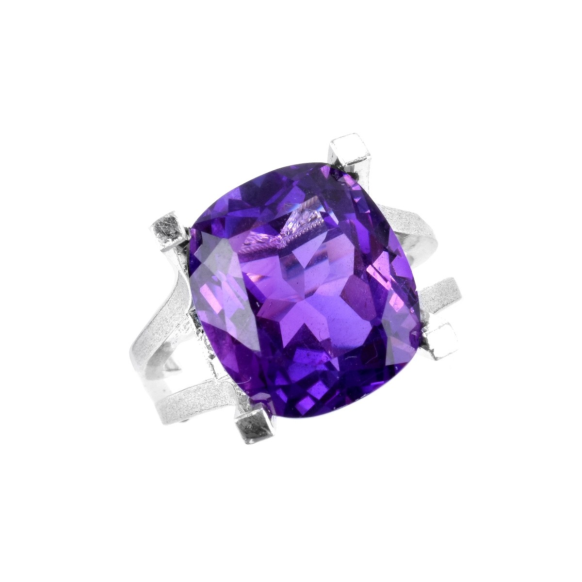 Modern Amethyst, Diamond and Platinum Ring.