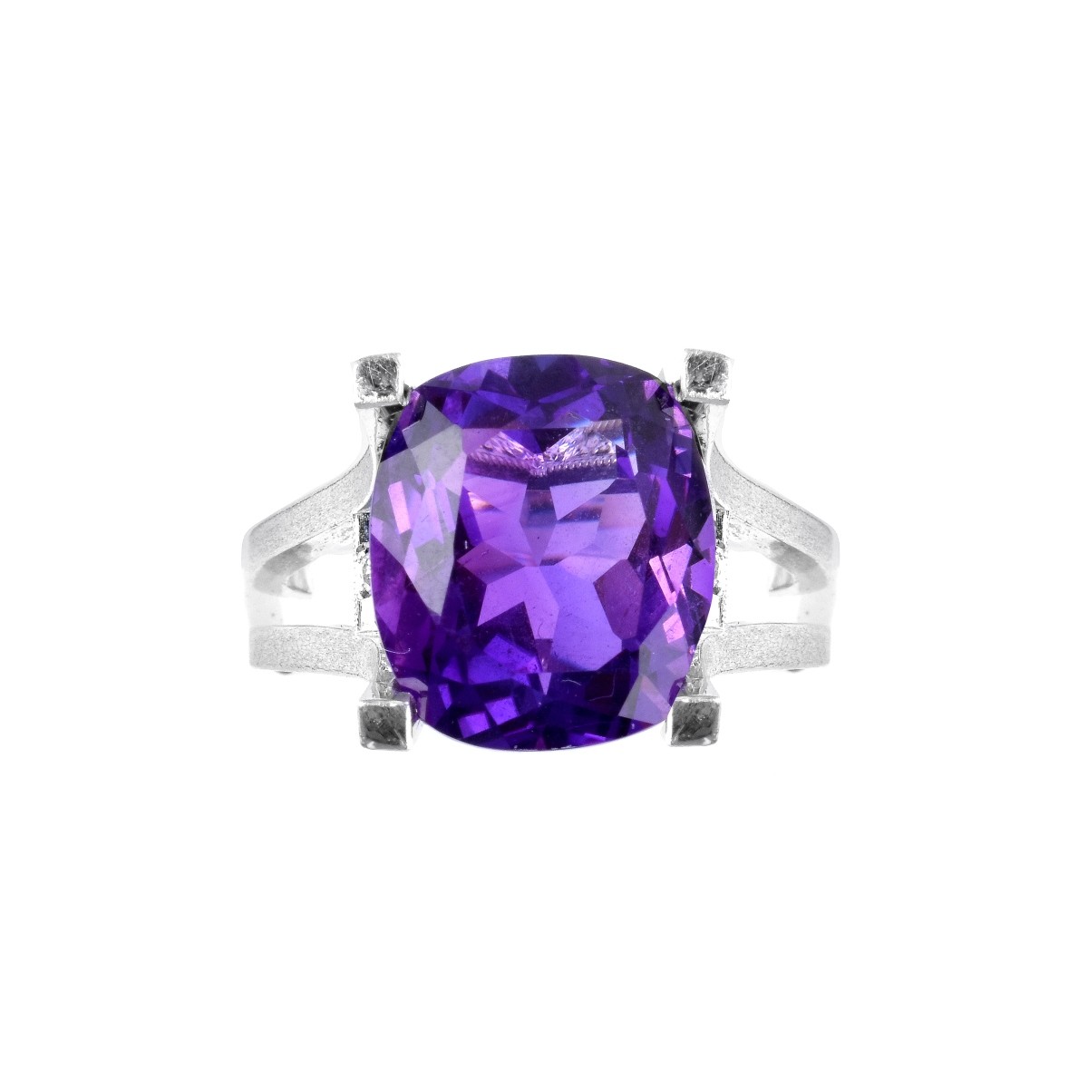 Modern Amethyst, Diamond and Platinum Ring.