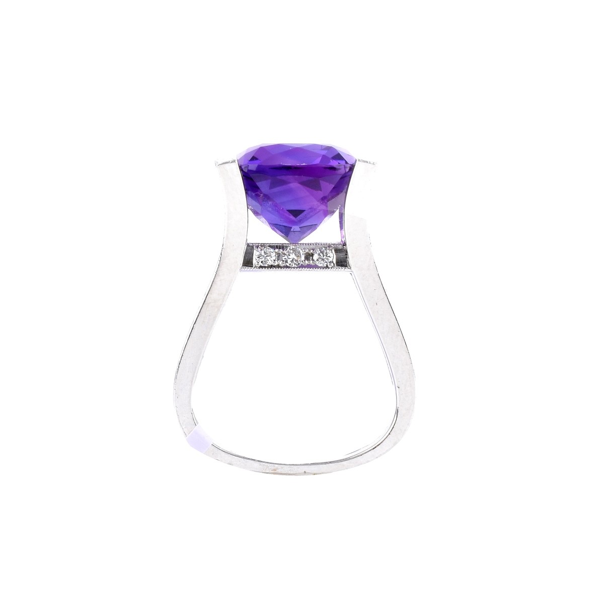 Modern Amethyst, Diamond and Platinum Ring.