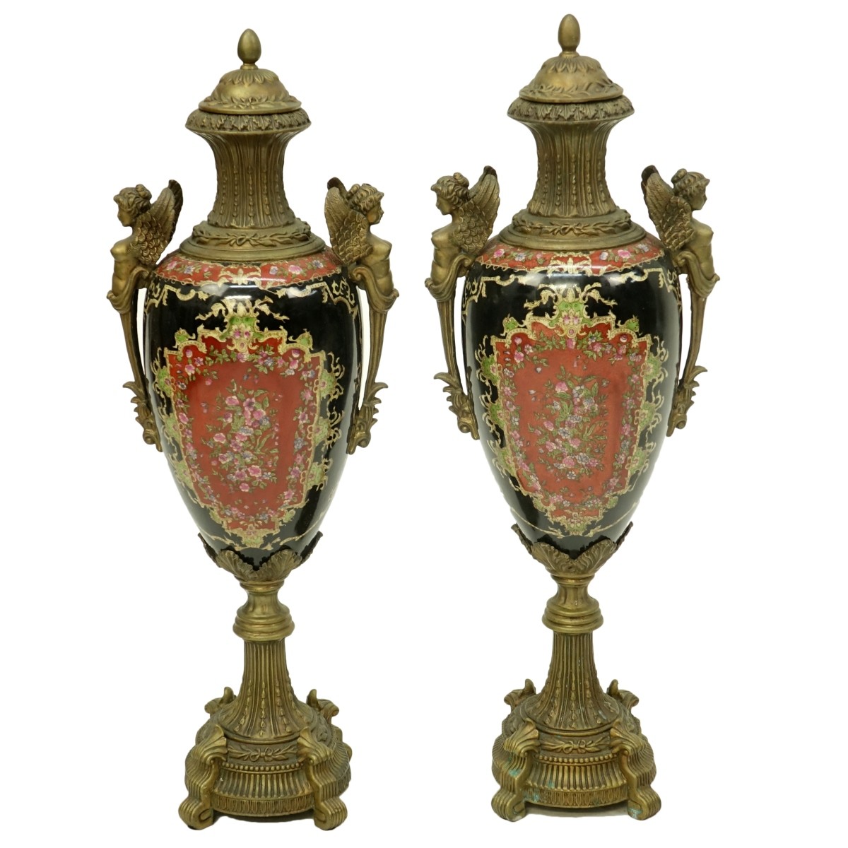 Pair of 20th Century Bronze and Porcelain Urns