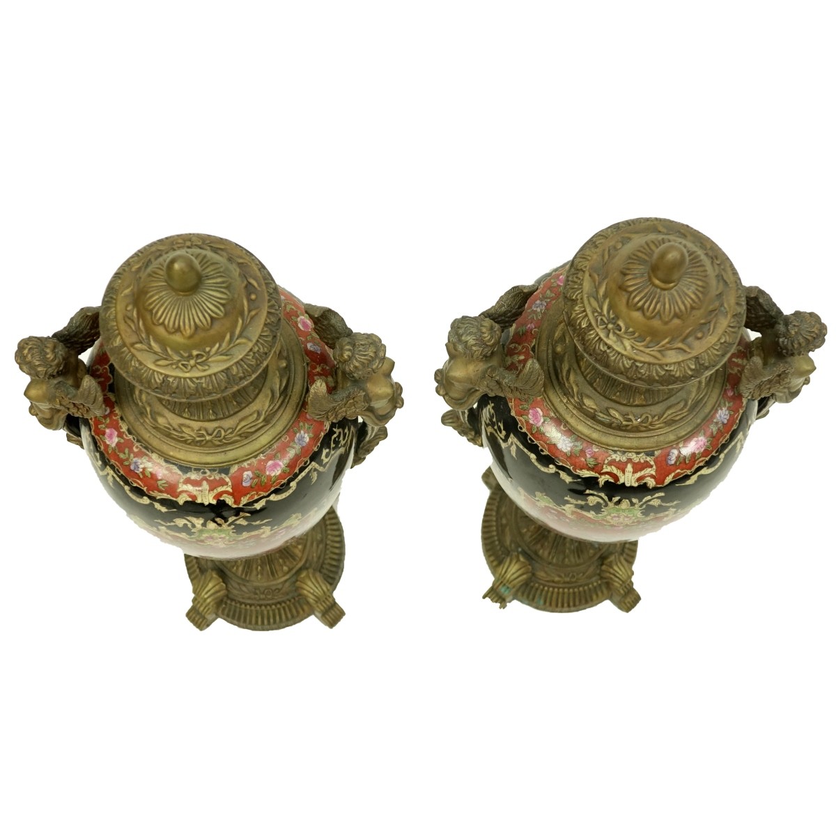 Pair of 20th Century Bronze and Porcelain Urns