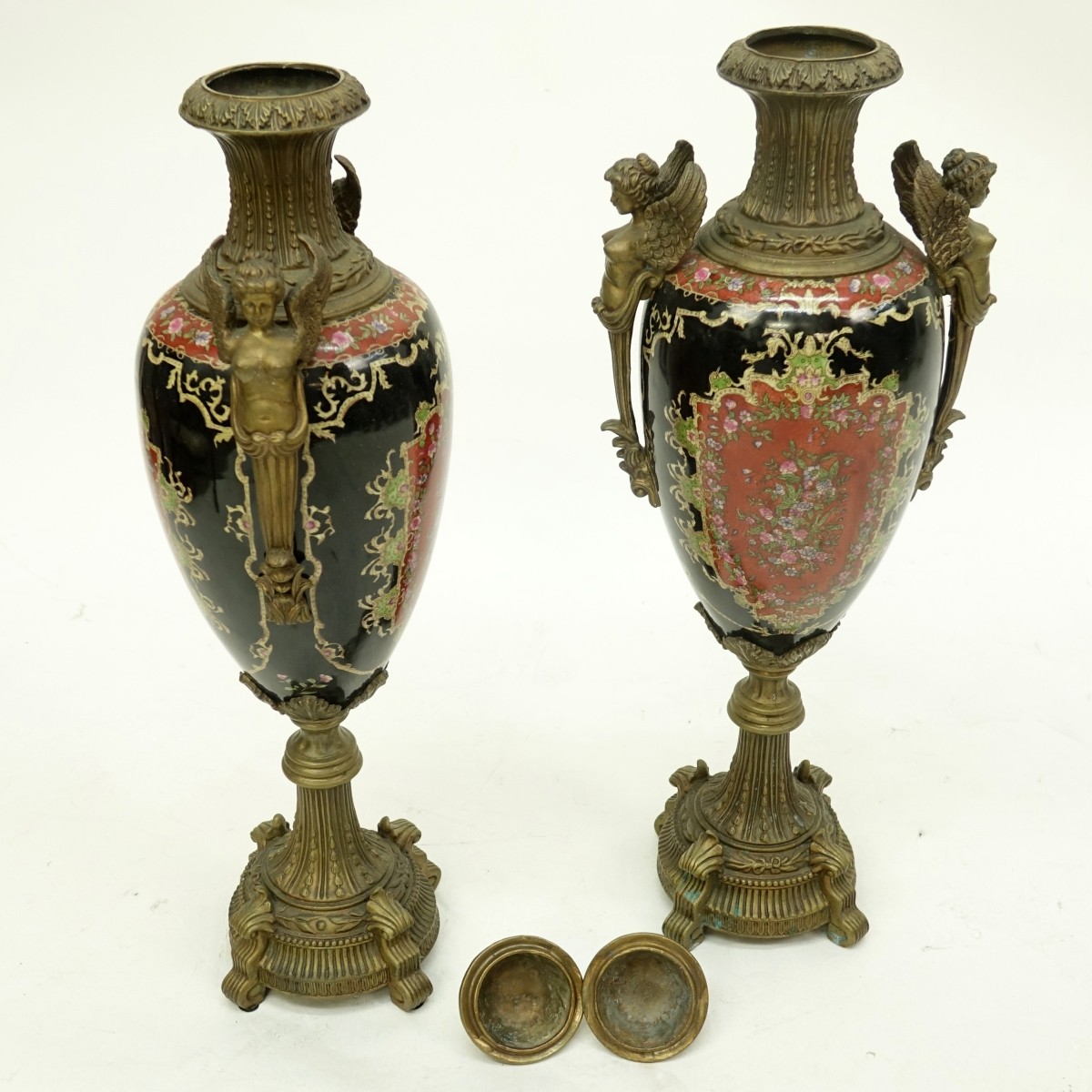 Pair of 20th Century Bronze and Porcelain Urns