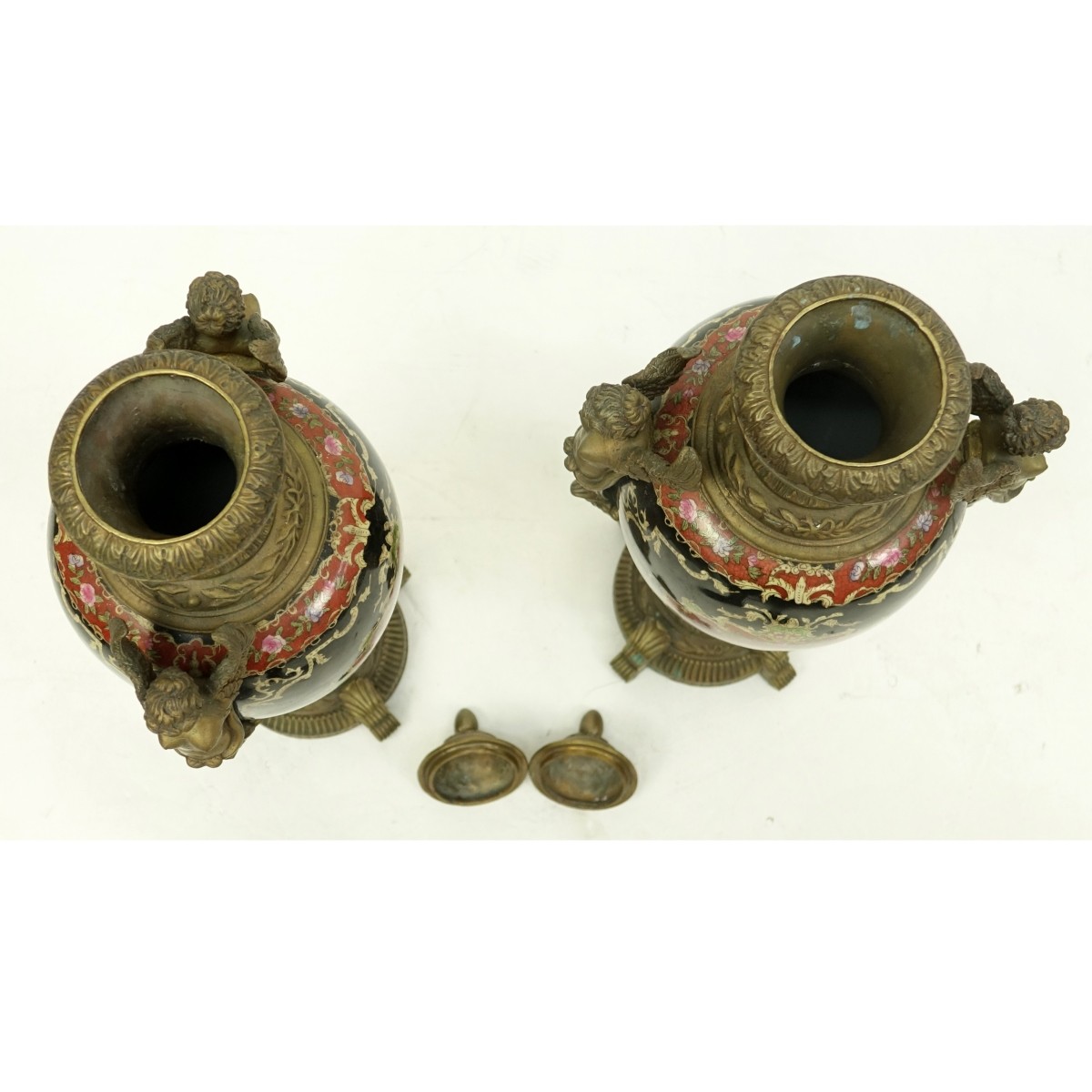 Pair of 20th Century Bronze and Porcelain Urns