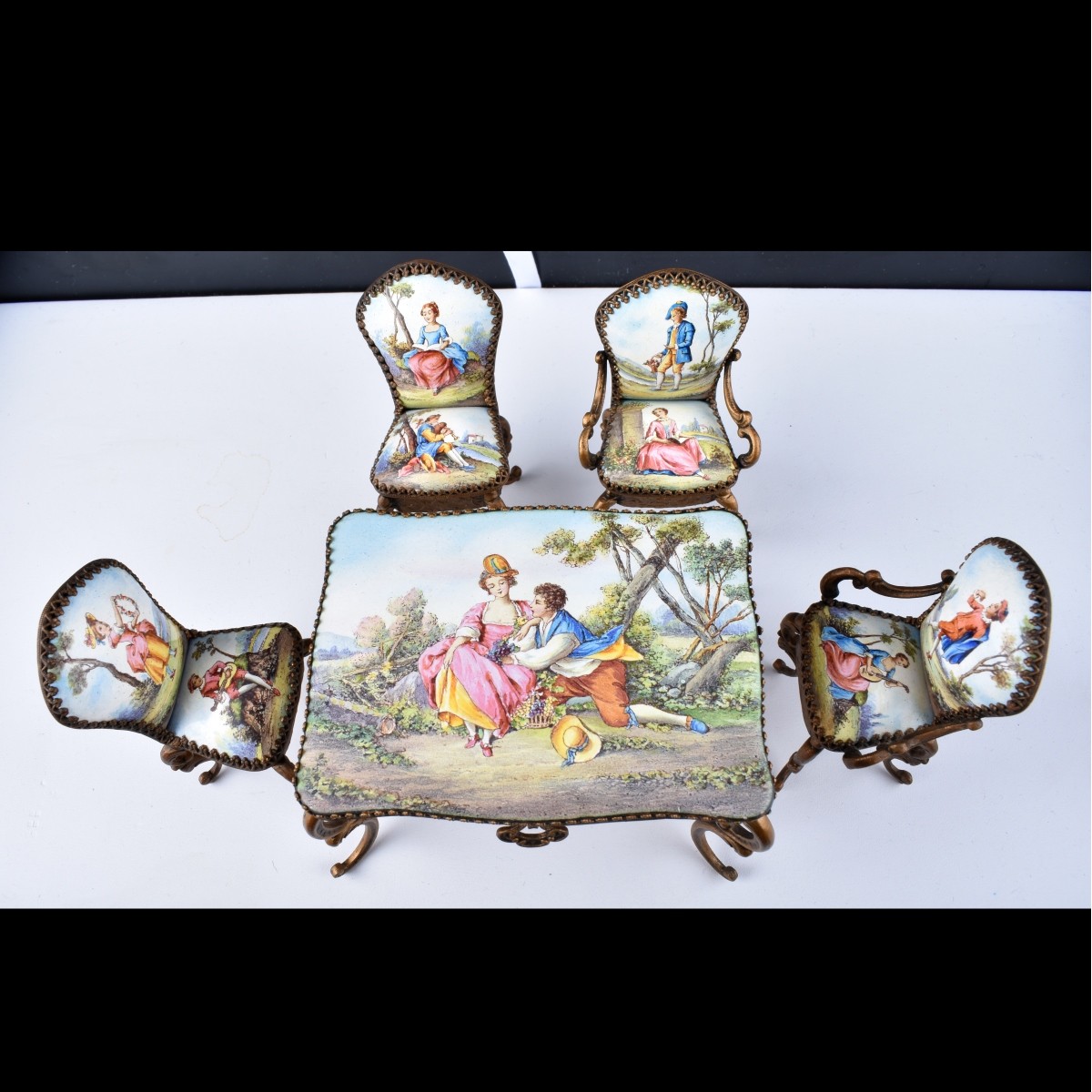 Antique Viennese Enamel Miniature Table and Chairs