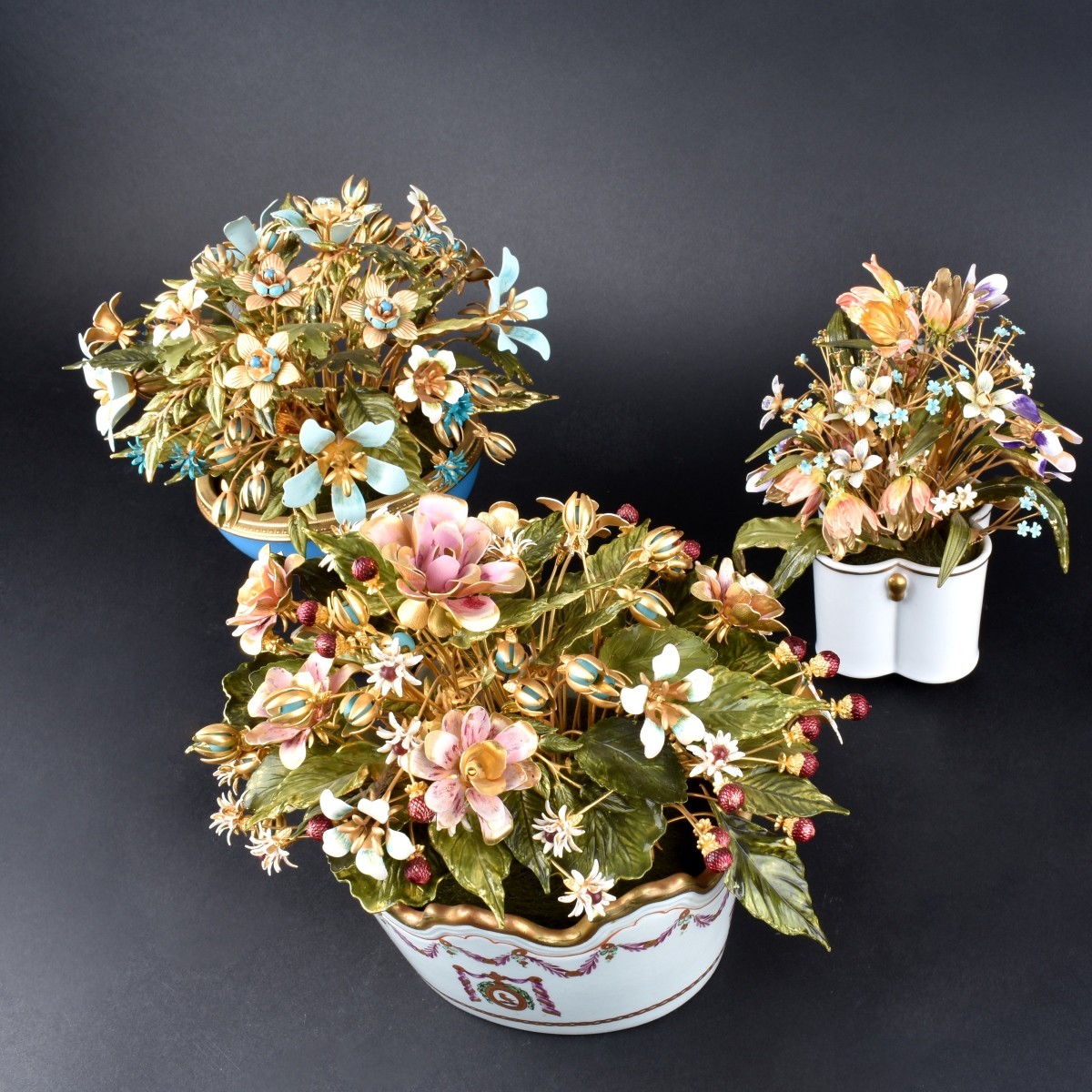 Three (3) Gilt Metal and Enamel Flower Bouquets