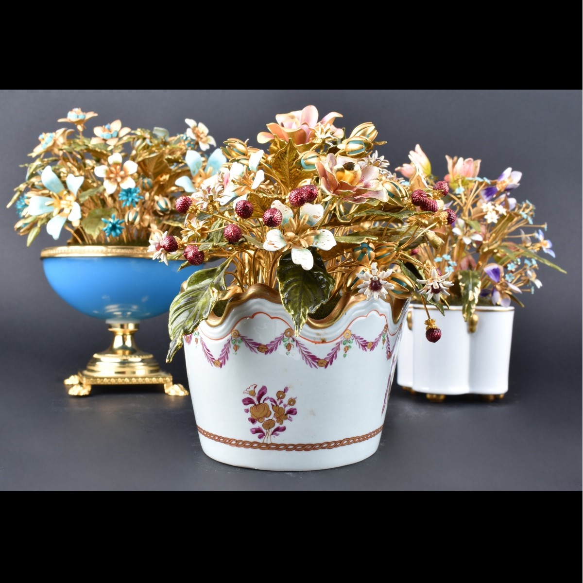 Three (3) Gilt Metal and Enamel Flower Bouquets