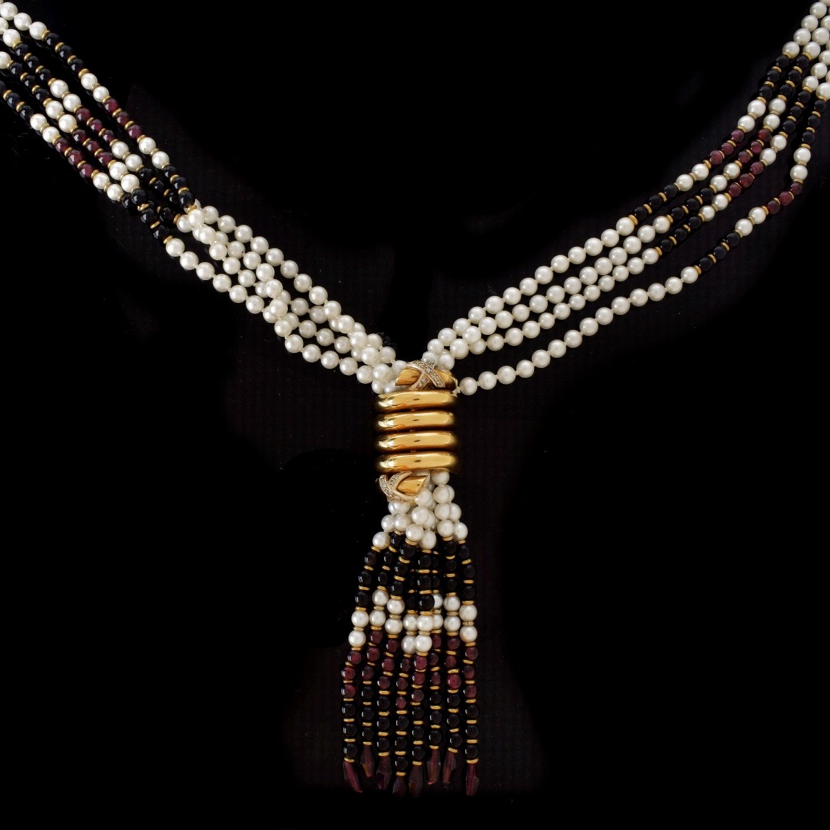 Vintage Pearl, Onyx, Garnet and 18K Necklace