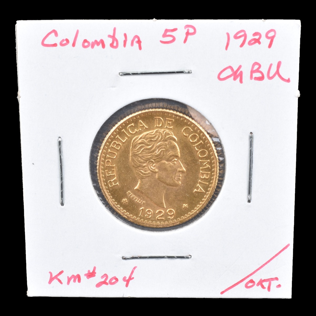 1929 Republic of Colombia Gold 5 Pesos