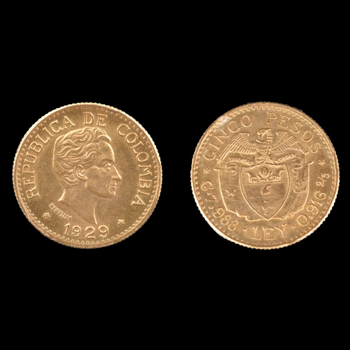 1929 Republic of Colombia Gold 5 Pesos