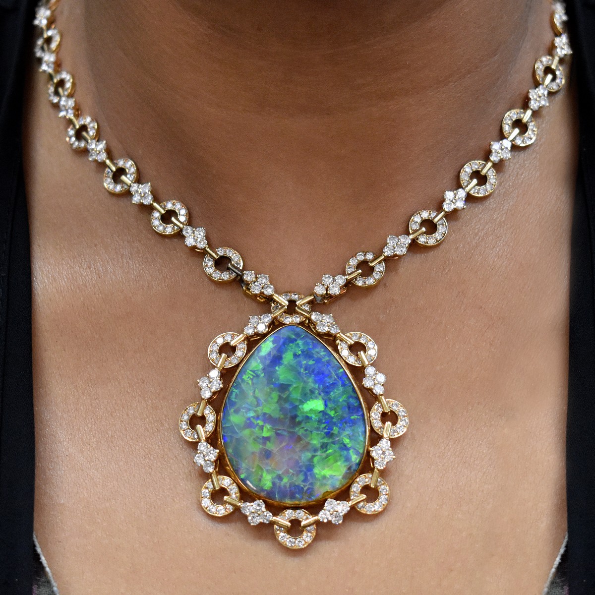 Stunning Black Opal, Diamond and 18K Necklace