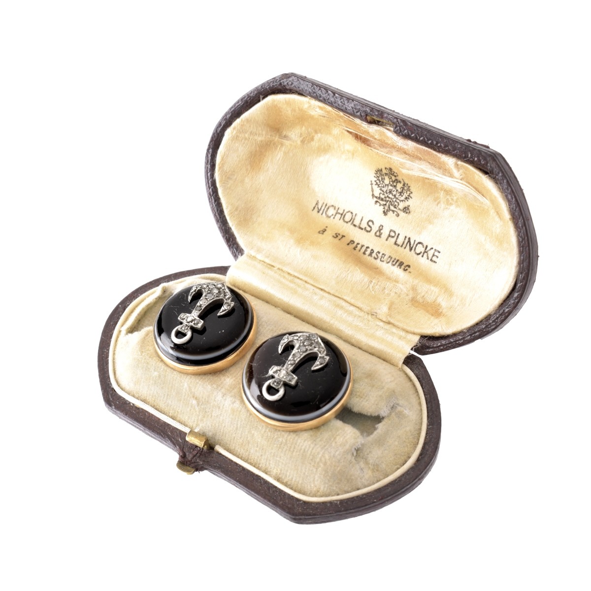 Antique Russian Diamond, Agate and 14K Cufflinks