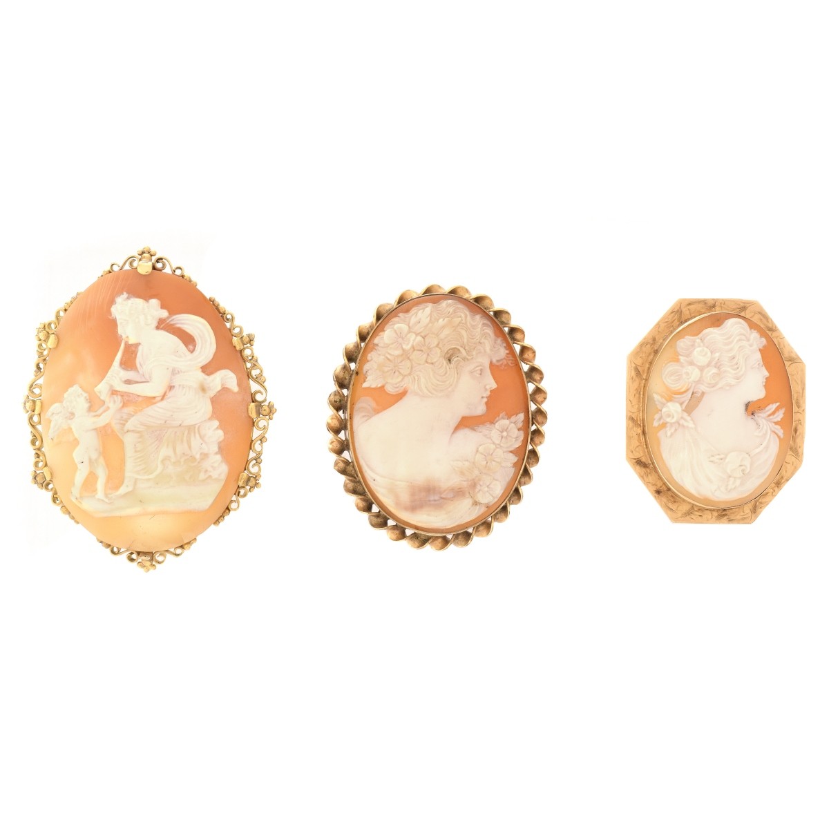 Three Antique Shell Cameo Brooches