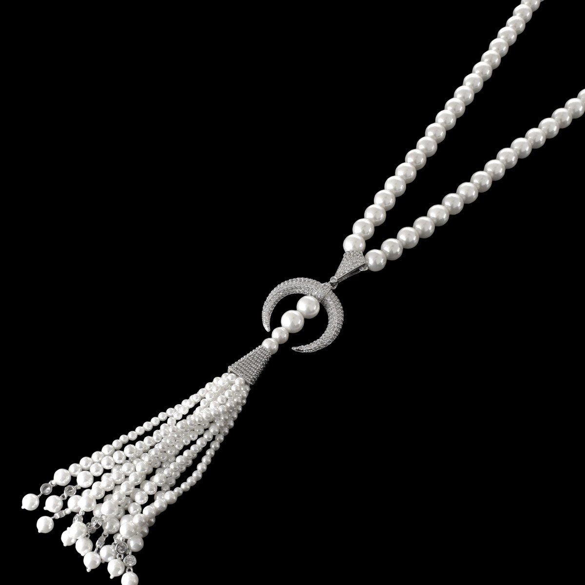 Faux Pearl and CZ Tassel Necklace