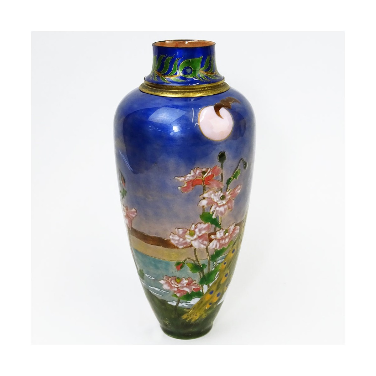 Vintage French Enamel Vase w Peacock