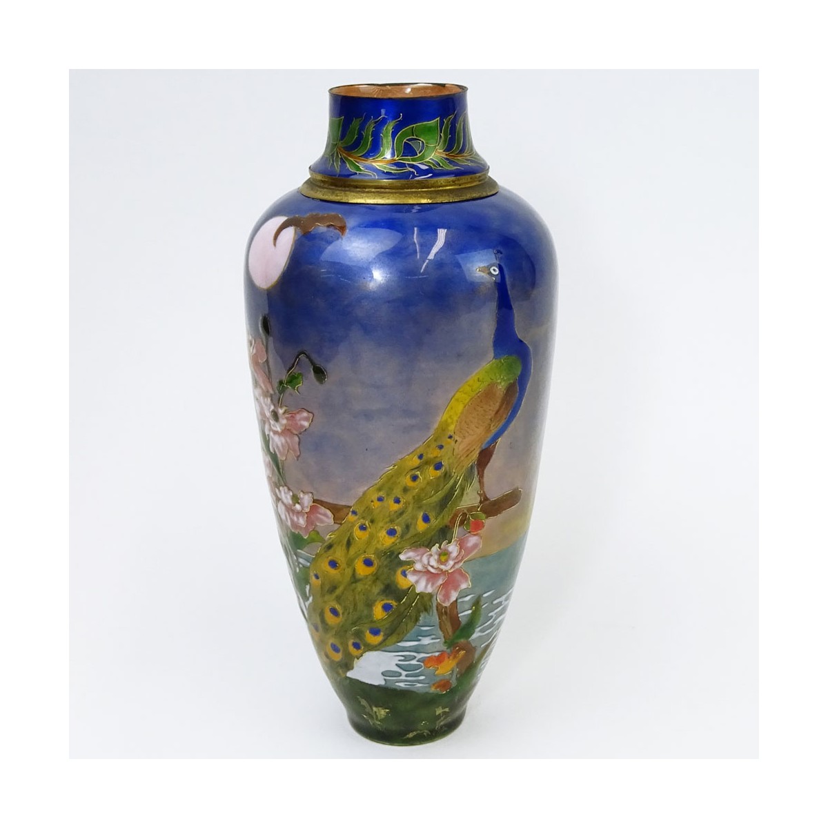 Vintage French Enamel Vase w Peacock