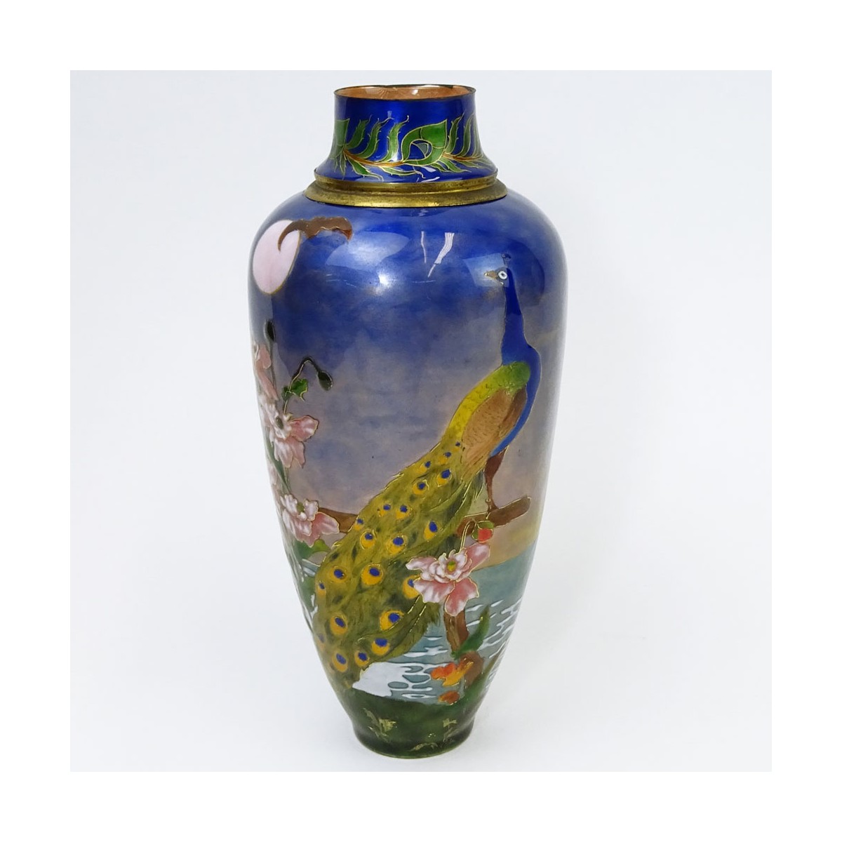 Vintage French Enamel Vase w Peacock