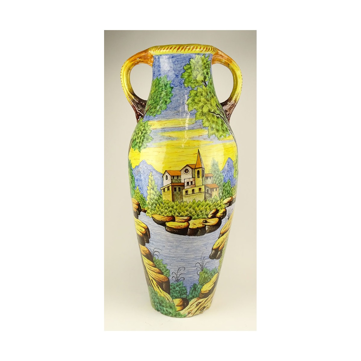 Large Vintage Italian Majolica Handled Urn. Figura