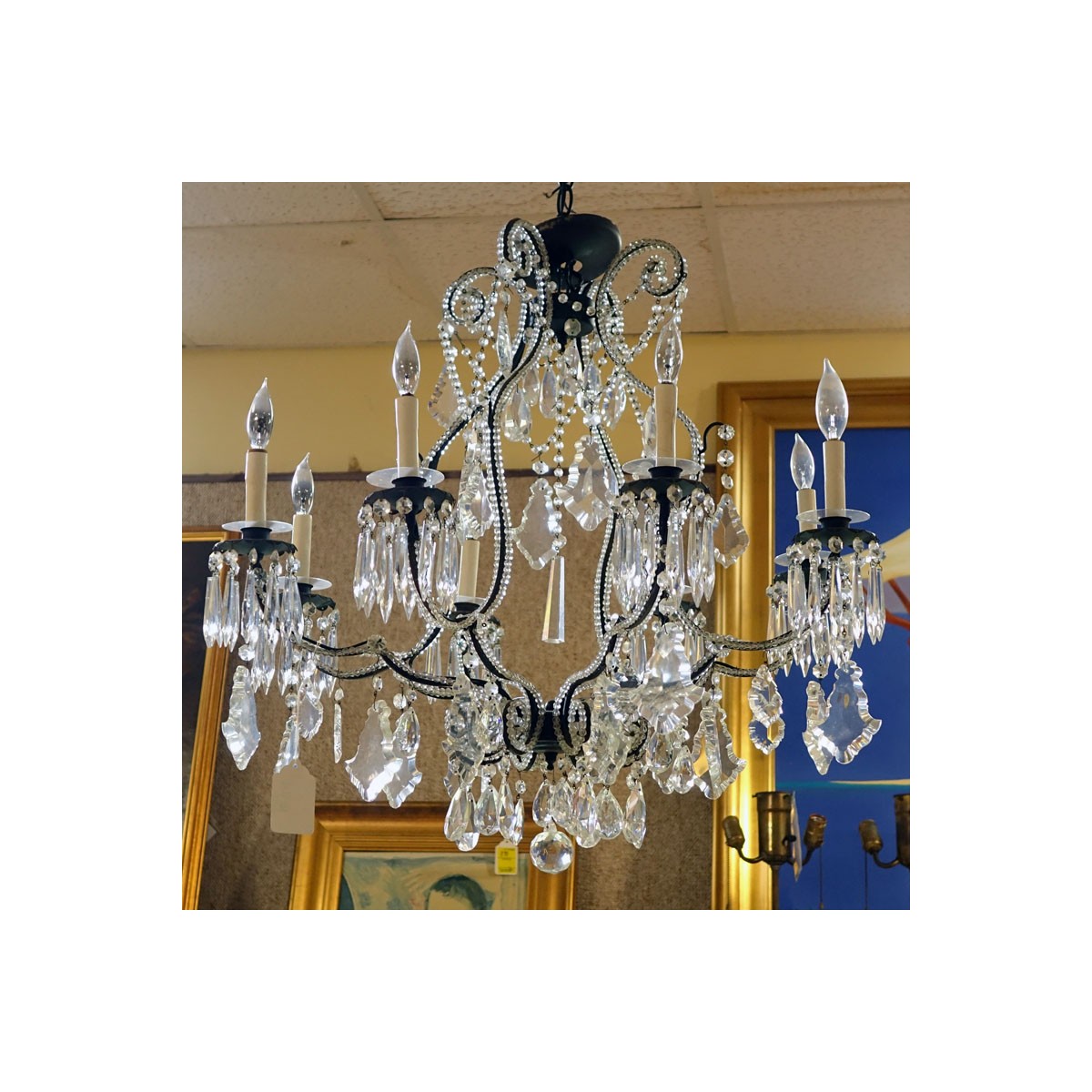 Antique Style Beaded Chandelier with Hanging Prism