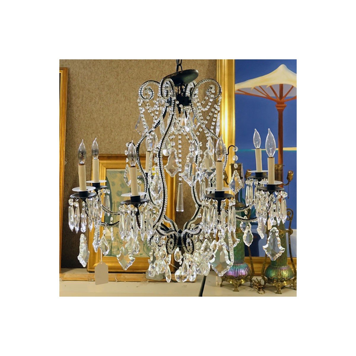 Antique Style Beaded Chandelier with Hanging Prism