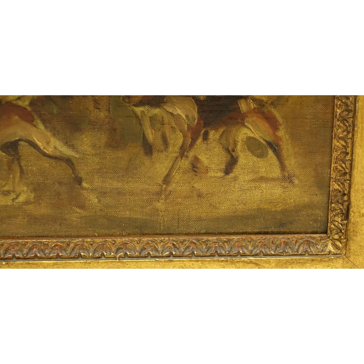 Antique Style Oil On Canvas "Preparing For The Hun