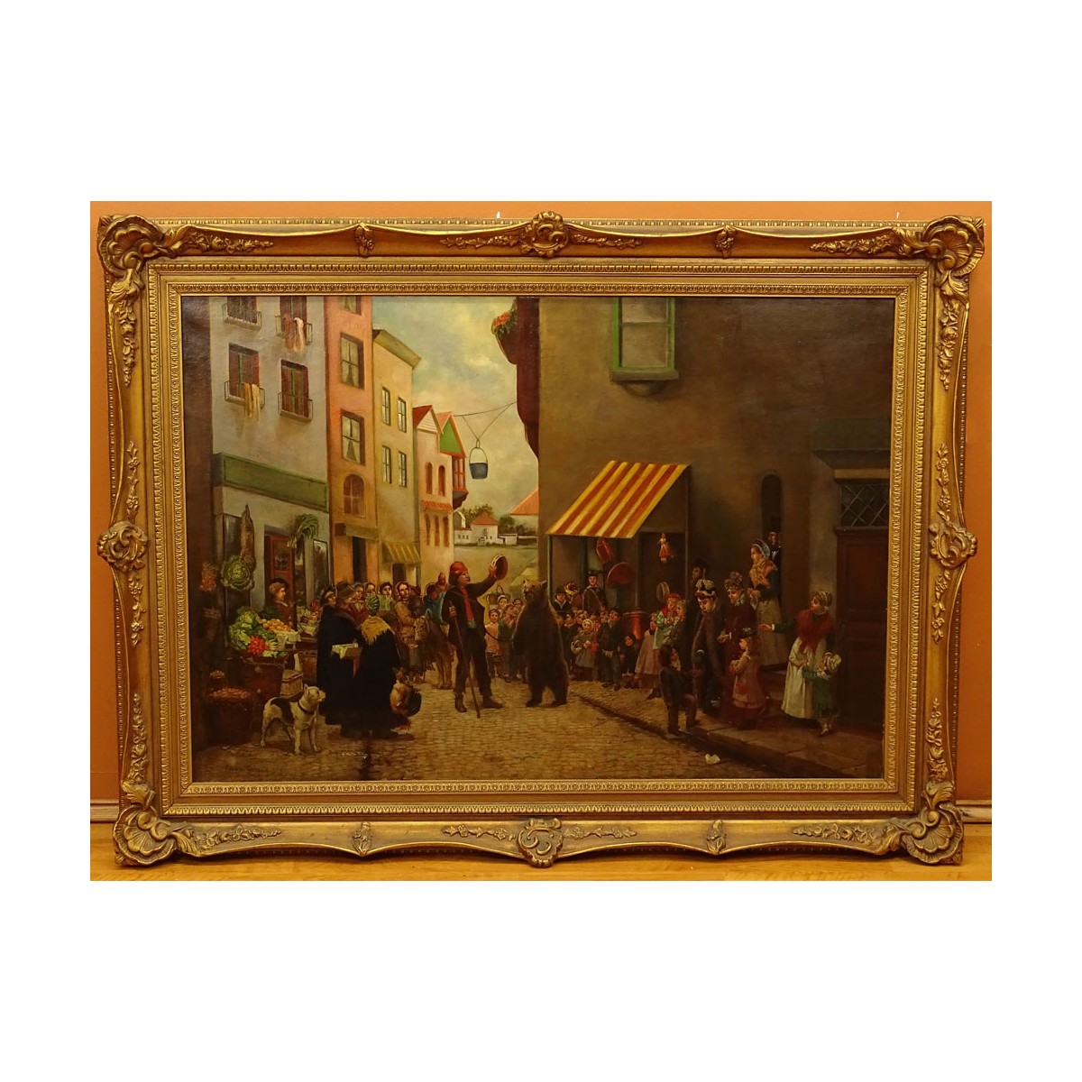 Large Antique Oil on Canvas "Dancing Bear". Signed