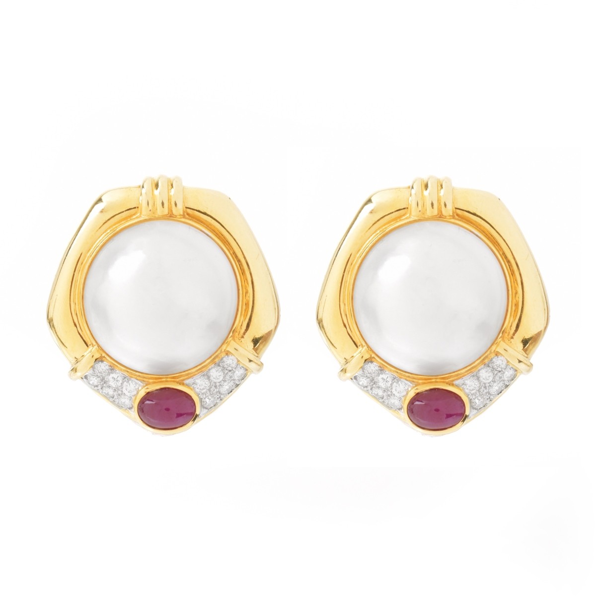 Pearl, Diamond, Ruby and 18K Earrings