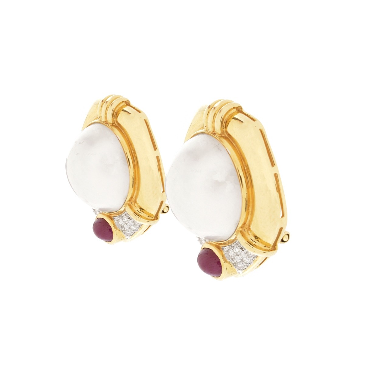 Pearl, Diamond, Ruby and 18K Earrings