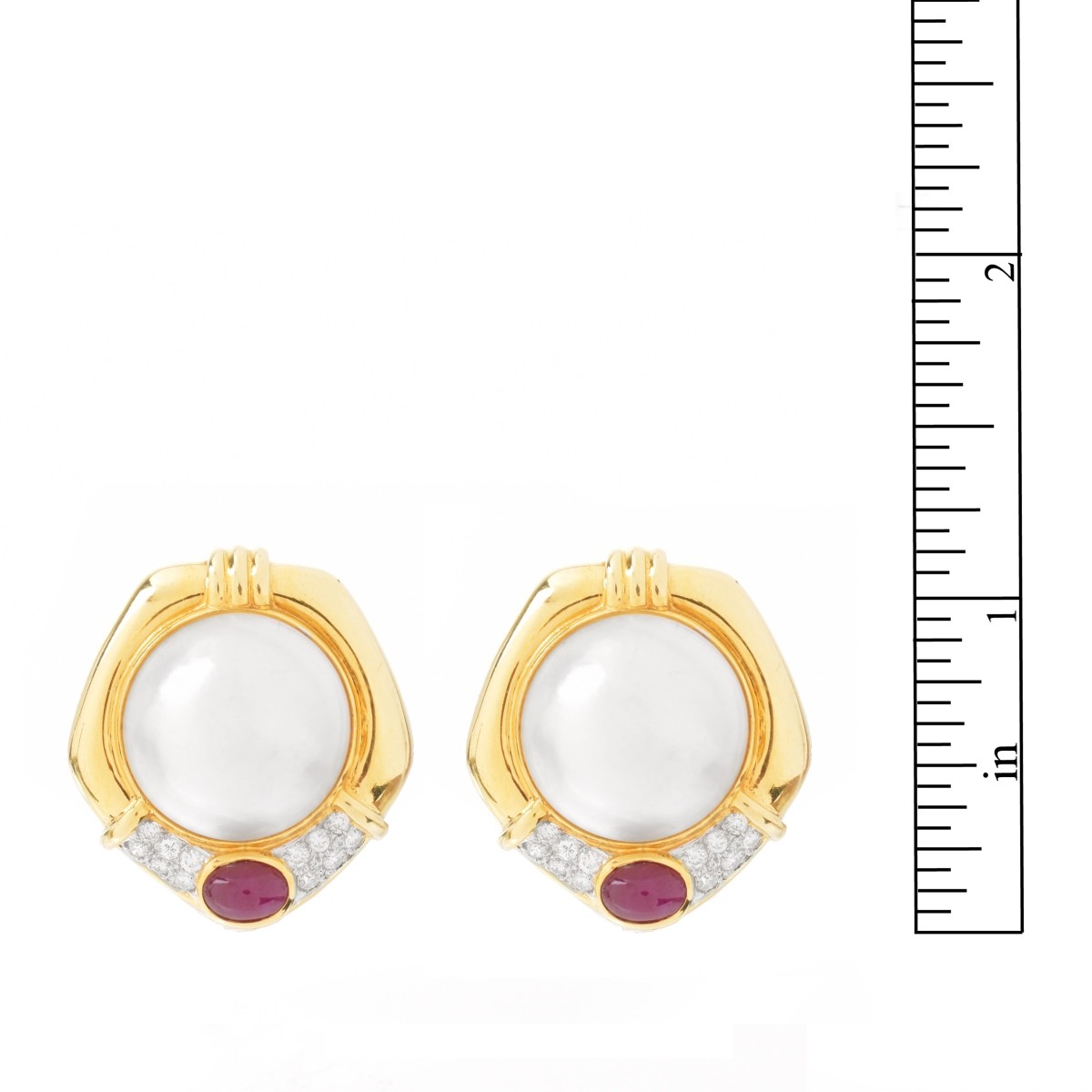 Pearl, Diamond, Ruby and 18K Earrings