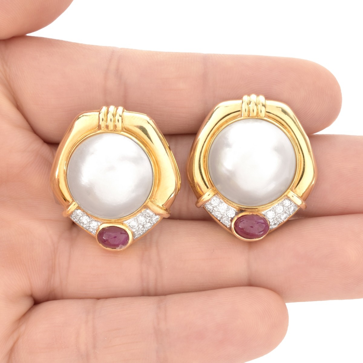 Pearl, Diamond, Ruby and 18K Earrings